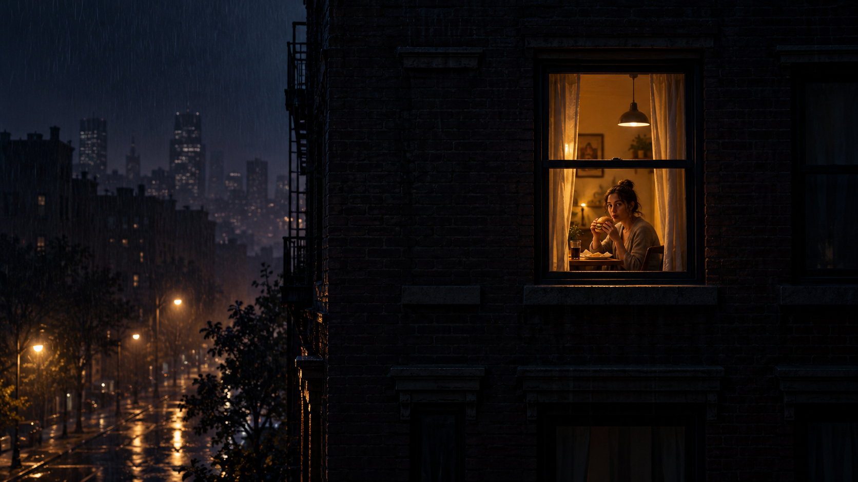 A person seen through one warm apartment window at night